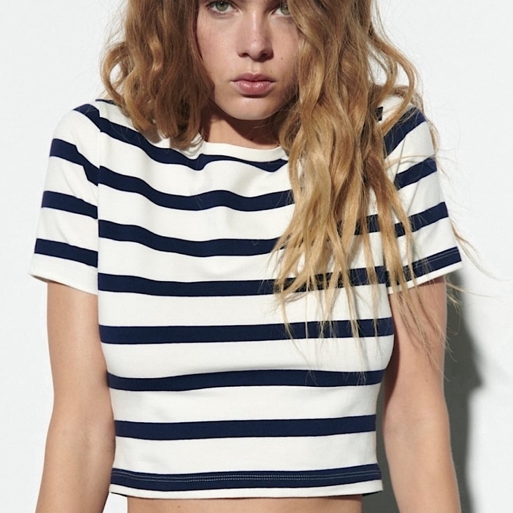 Zara White and Navy Blue Striped Short Sleeve T Shirt Crop Top Size L Large Top